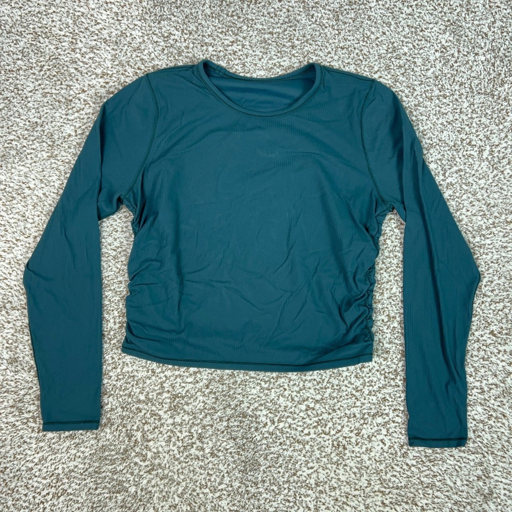 Lululemon Shirt Womens Medium Blue Green Ruched Long Sleeve Ribbed Athletic Top